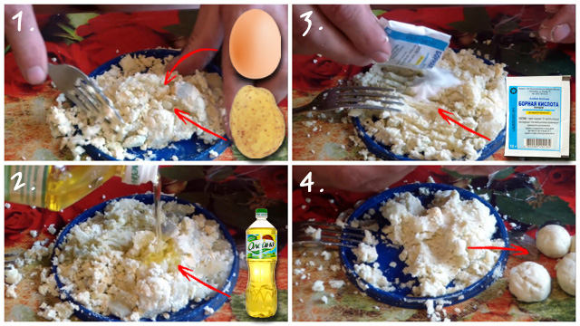 Комочки из яйца, картофеля и борной кислоты